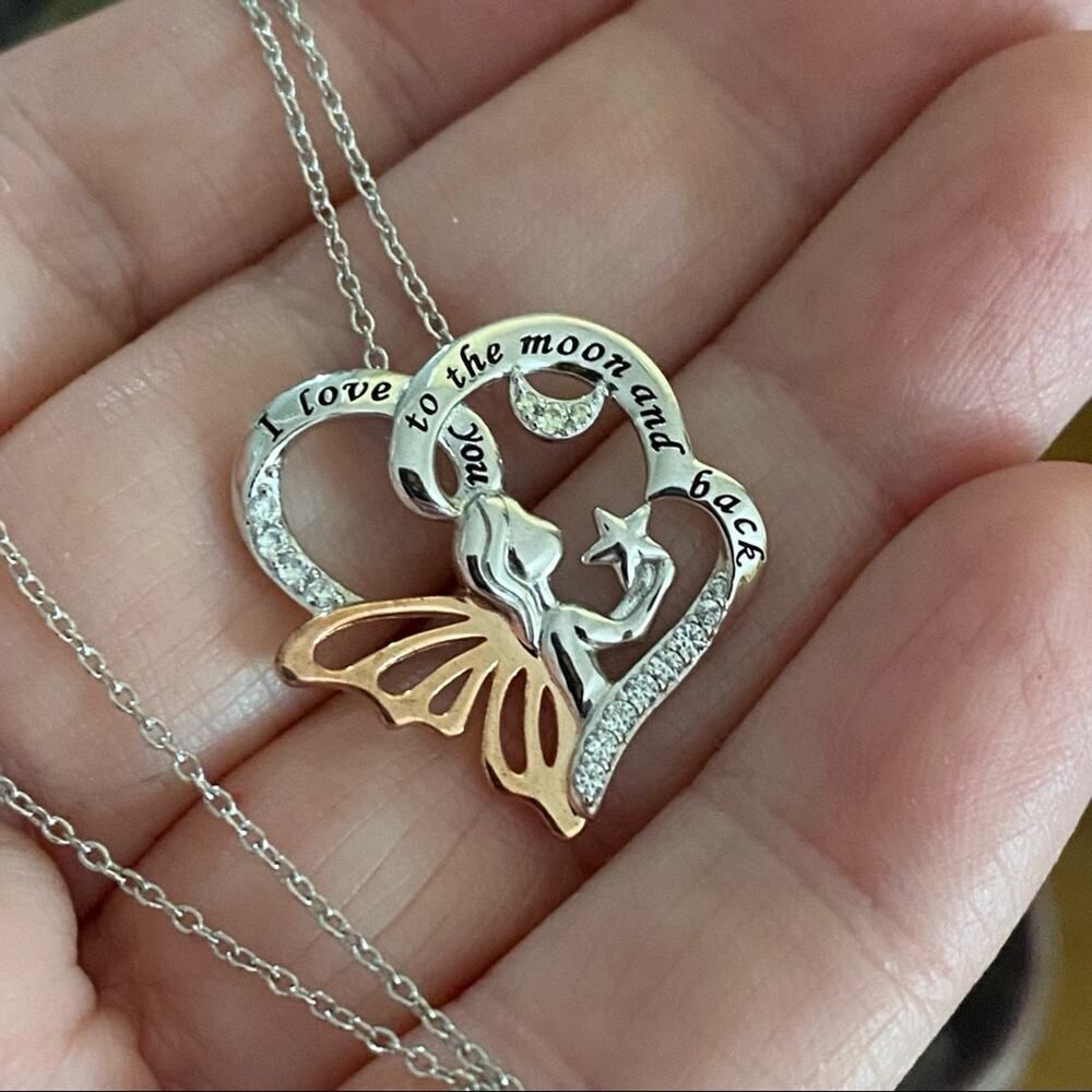“I Love You To The Moon & Back” Sterling Silver Two-Tone CZ Fairy Girl Necklace